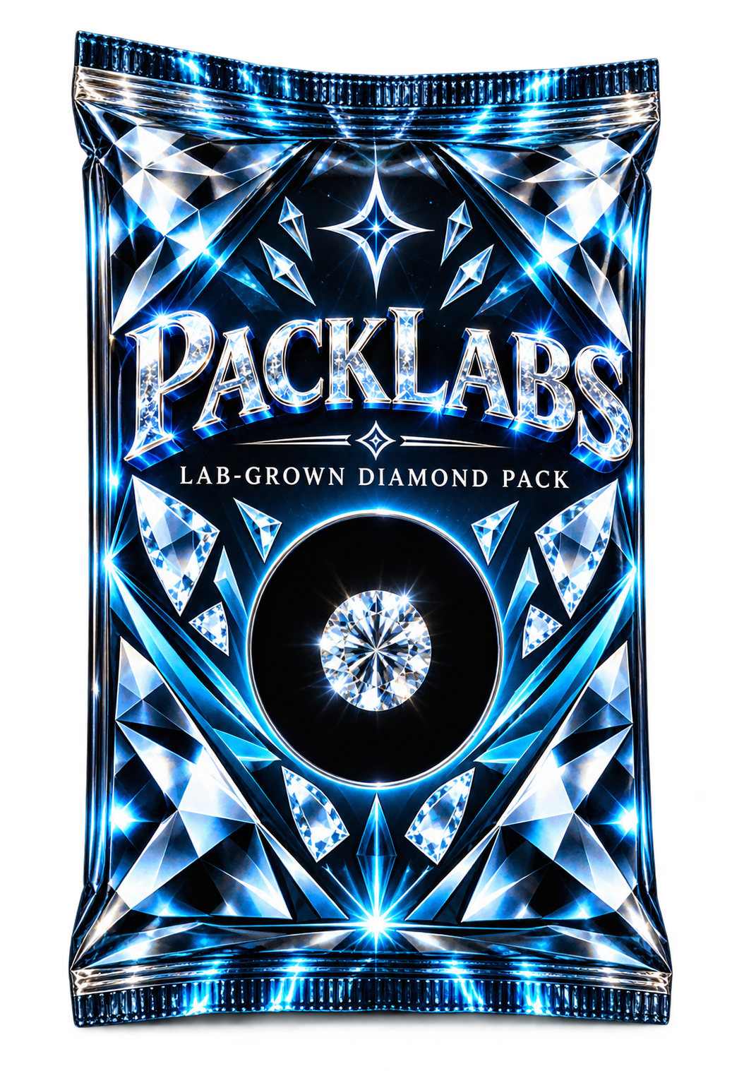PackLabs sealed lab-grown diamond pack in icy blue, silver, and black